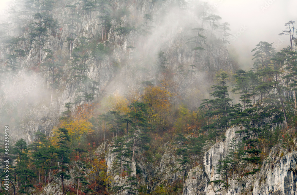 Misty autumn landscape in Cernei Mountains, Carpathians Range, Romania, Europe