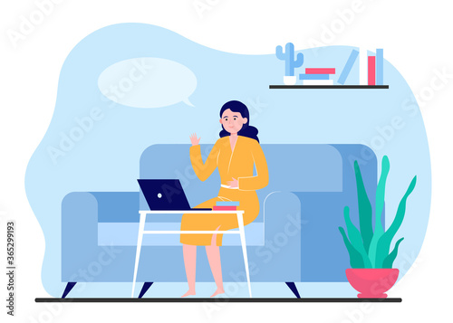Adult young woman talking via laptop at home. Sofa, isolation, chat flat vector illustration. Freelance and digital technology concept for banner, website design or landing web page
