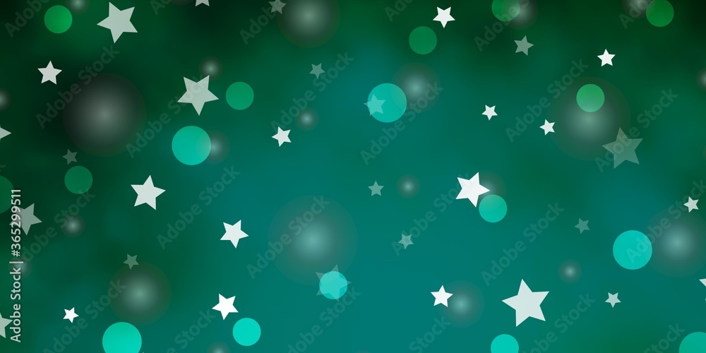 Light Green vector pattern with circles, stars. Glitter abstract illustration with colorful drops, stars. Template for business cards, websites.