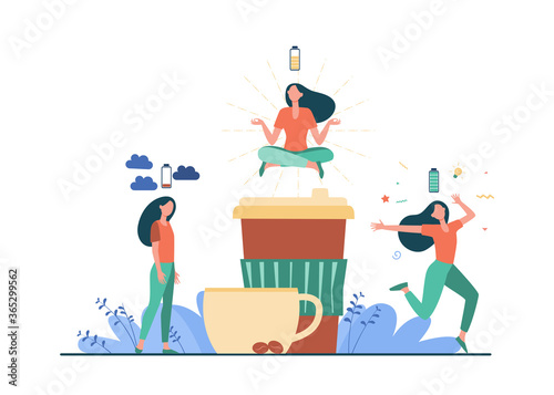 Woman feeling stress and getting energy from coffee. Caffeine addicted person charging battery. Vector illustration for energetic drink, energizer, morning, coffee shop concept