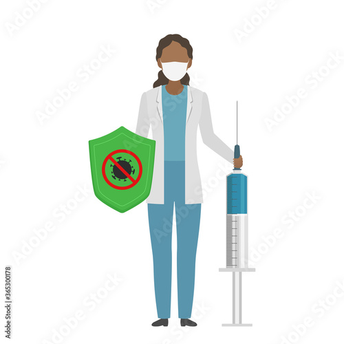 African doctor hold shield and syringe with COVID-19 vaccine. Cartoon style. Vector illustration.