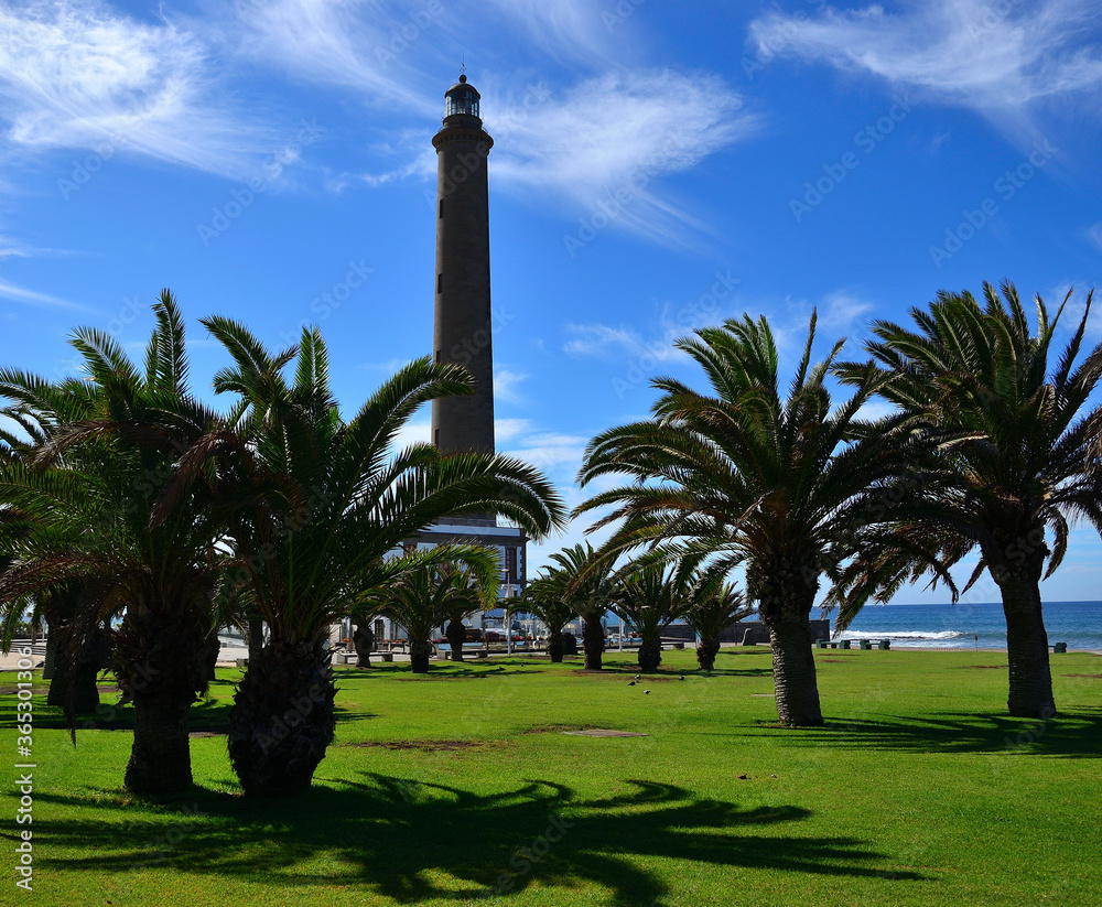 Palm garden, stone lighthouse and blue sky with small clouds, Maspalomas, south of Gran Canaria