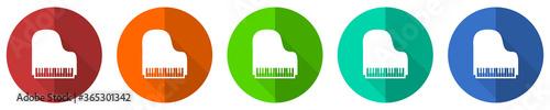 Piano icon set, music, red, blue, green and orange flat design web buttons isolated on white background, vector illustration