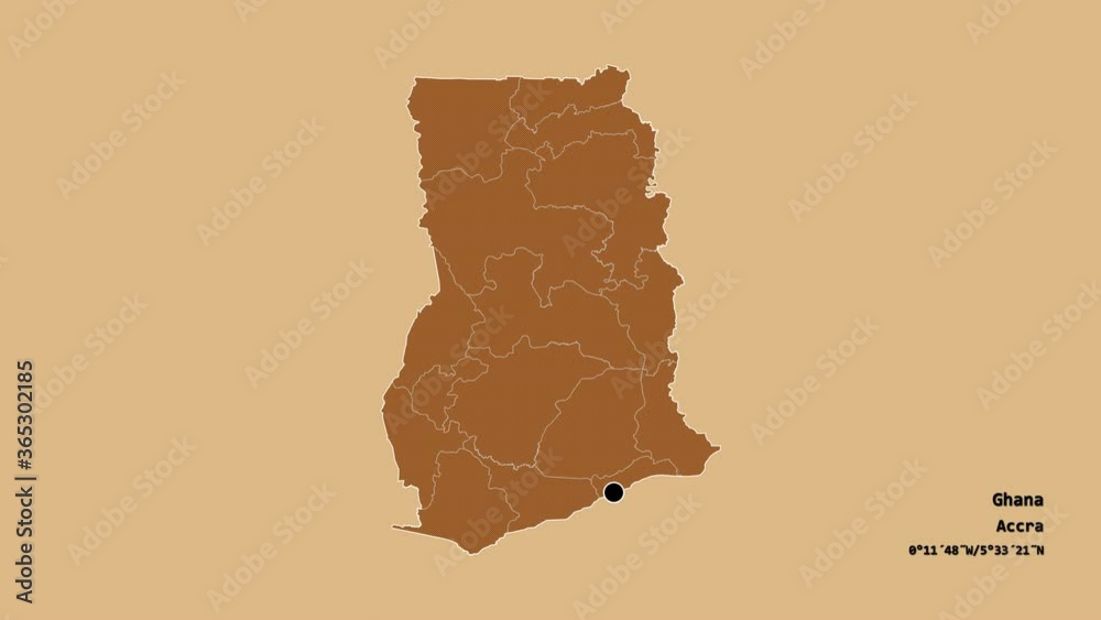 Volta, region of Ghana, with its capital, localized, outlined and zoomed with informative overlays on a solid patterned map in the Stereographic projection. Animation 3D