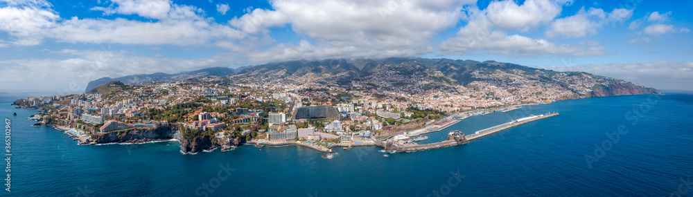 The drone aerial view of Funchal, capital city of Madeira island, Portugal