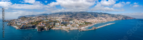 The drone aerial view of Funchal, capital city of Madeira island, Portugal