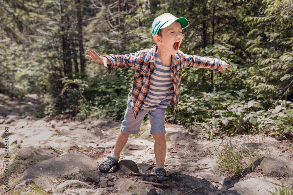 holidays with children in the forest. Little boy in a green cap depicts an evil dinosaur in the woods on a stone path holidays with children in the forest. Little boy in a green cap depicts an evil dinosaur in the woods on a stone path