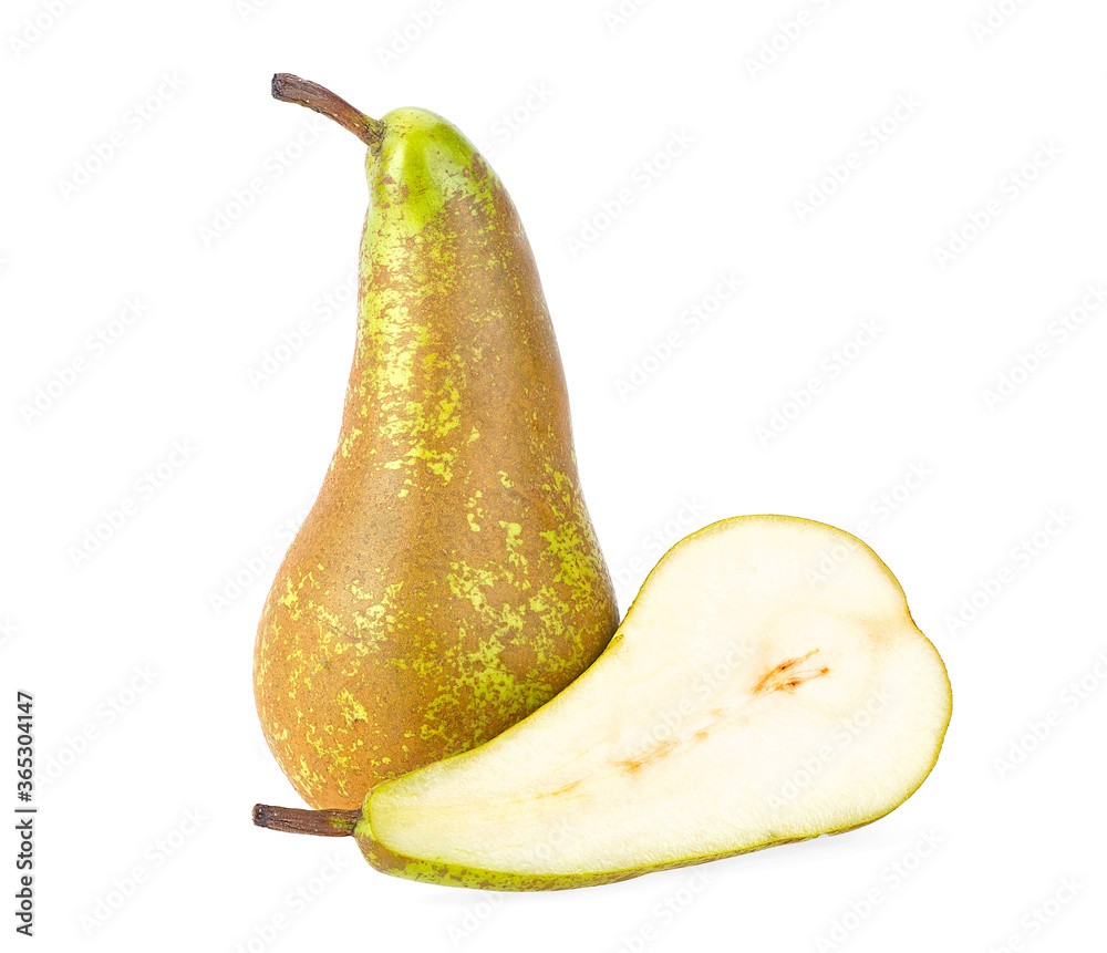 Fresh pear fruit isolated on a white background. One and a half of yellow pear fruits isolated. Fresh pear fruit isolated on a white background. One and a half of yellow pear fruits isolated.