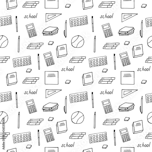 School seamless pattern, vector illustration, textbooks, notebook, ball, sandwich, stationery, hand drawing