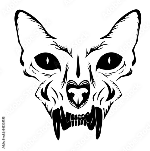 Monochrome illustration of a skull. Scary monster head of a cat. Horror. A demon with a jaw. Fangs. Death. T-shirt print. Tattoo sticker. Isolated on a white background.