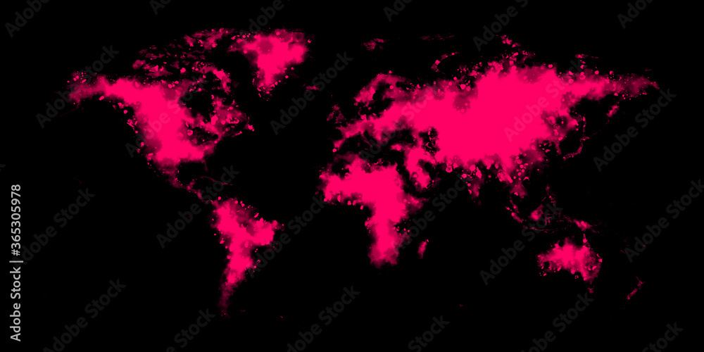 Watercolor art of night world map glow red neon on black background illustration