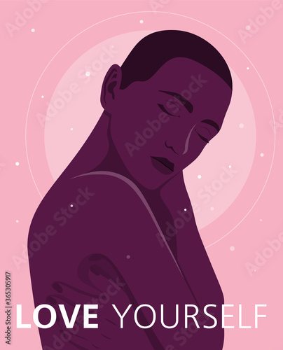 African woman hugs herself. Self-acceptance. Love and support. Postcard. Fashion. Vector flat illustration