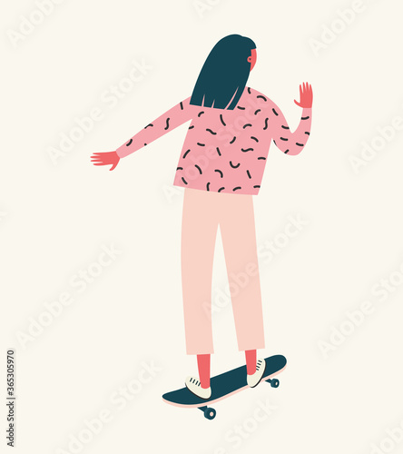 Vector illustration with a skater girl in white pants and a pink blouse. Summer sports.
