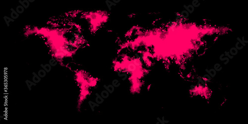 Watercolor art of night world map glow red neon on black background illustration