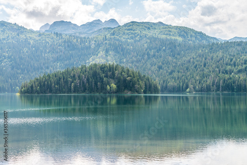 Black lake shore covered with coniferous forest
