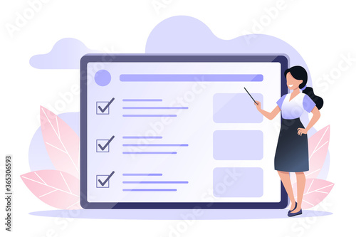 A young woman with black hair holds a pointer in her hands giving a presentation on the screen. Online training, time management. Vector flat illustration for web design