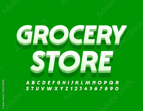 Vector business logo Grocery Store. White 3D Font. Modern style Alphabet Letters and Numbers