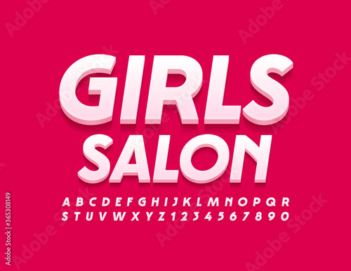 Vector trendy logo Girls Salon. Modern White 3D Font. Stylish Alphabet Letters and Numbers