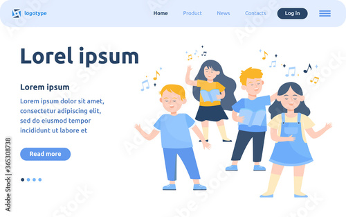 Cartoon children choir flat vector illustration. Cute kids singing song at music school, church or vocal group. Friendship, music and performance concept