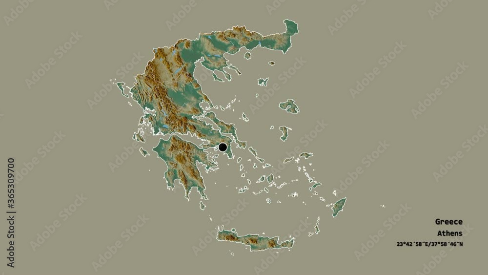 Thessaly, decentralized administration of Greece, with its capital, localized, outlined and zoomed with informative overlays on a relief map in the Stereographic projection. Animation 3D Thessaly, decentralized administration of Greece, with its capital, localized, outlined and zoomed with informative overlays on a relief map in the Stereographic projection. Animation 3D