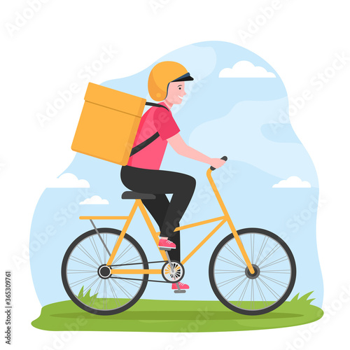 Smiling male courier in helmet on bicycle. Bag, order, fast flat vector illustration. Delivery service and shipping concept for banner, website design or landing web page