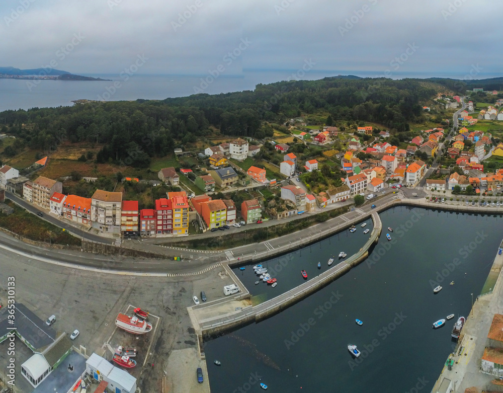 Aerial view in Camarinas. Galicia. Coastal town with boats in Spain
