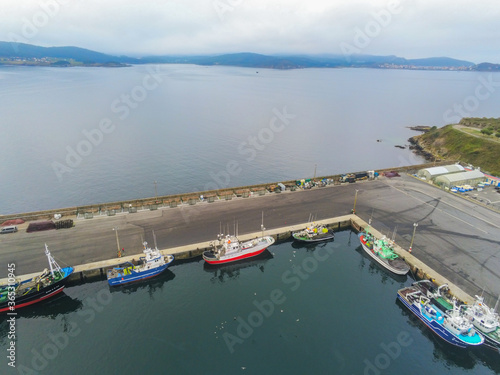 Aerial view in Camarinas. Galicia. Coastal town with boats in Spain