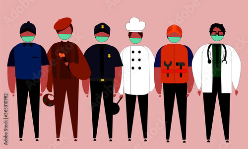 illustration of some workers wearing masks, police, artists, teachers, doctors, cooks, couriers, etc. wearing masks.
