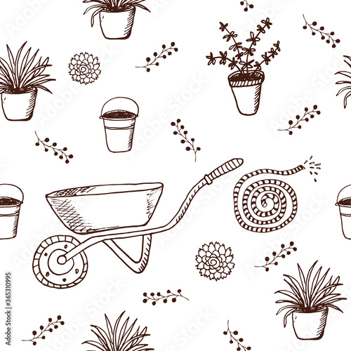 Seamless vector pattern with garden wheelbarrow and watering hose.Hand drawn sketches gardening tools. Elements equipment for agriculture in Doodle style. Vector illustration on a white background.