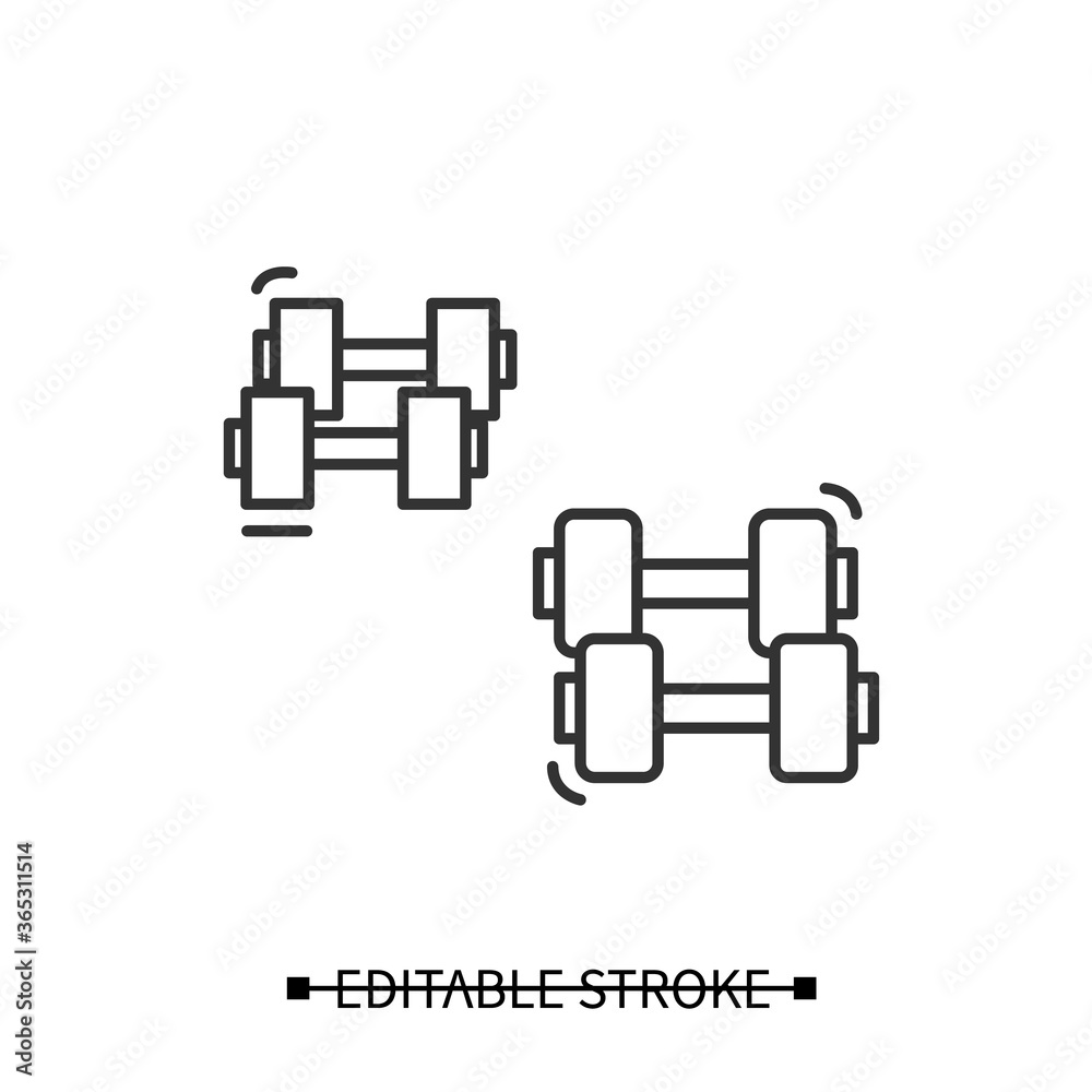Dumbbells icon. Light and heavy soft touch bar bells linear pictogram. Concept of home gym and workout equipment, body fitness and power training. Editable stroke vector illustration Dumbbells icon. Light and heavy soft touch bar bells linear pictogram. Concept of home gym and workout equipment, body fitness and power training. Editable stroke vector illustration