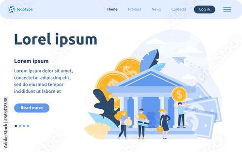 Business people with money and credit card standing near bank building. Queue of customers visiting bank office. Flat vector illustration for finance, payment, transaction, service concepts