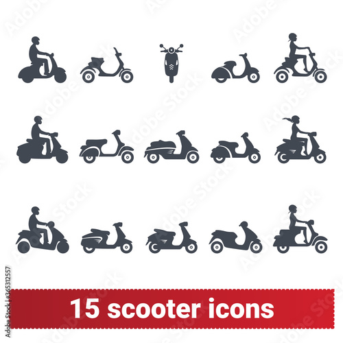 Scooter and moped with rider vector icons. Various type of motorcycle with man and woman sitting on. Simple illustrations isolated on white background.