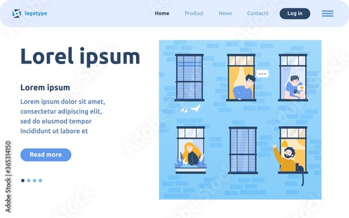 Apartment open windows with friendly neighbors flat vector illustration. Young people living in one building, man with cat talking with other guy. Lifestyle and friendship concept