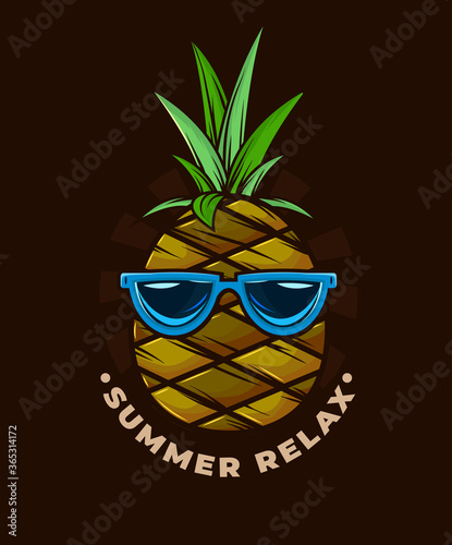Summer relax pineapple art. Print for t-shirt. Fashion illustration fruit with blue glass. Vector