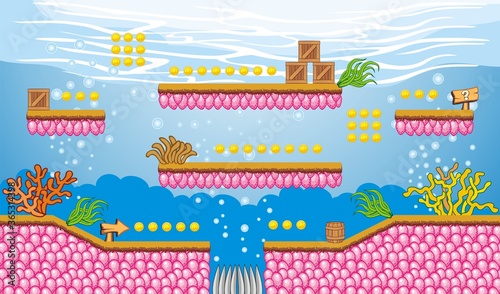 Tile set platform for game, A set of layered vector game asset, contains background, 
ground tiles and several items, objects, decorations, used for creating mobile games
