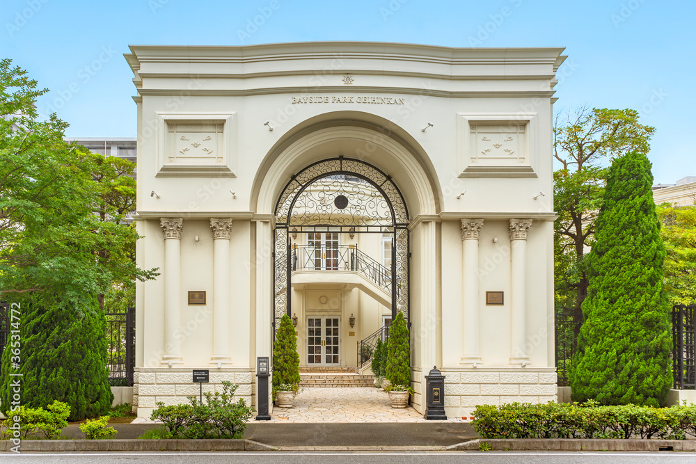 European style triumphal arch entrance gate of the japanese wedding hall Bayside Park Geihinkan in Chiba city.