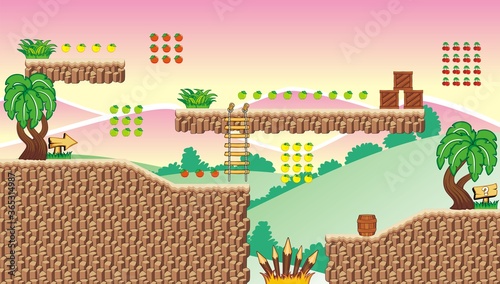 Tile set platform for game, A set of layered vector game asset, contains background, 
ground tiles and several items, objects, decorations, used for creating mobile games
