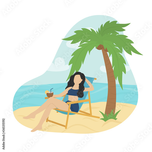 A girl sunbathes on a deck chair on the seashore near her palm tree grows. Theme of summer holidays and vacations. Flat vector illustration. © Юлія Чорнопіщук
