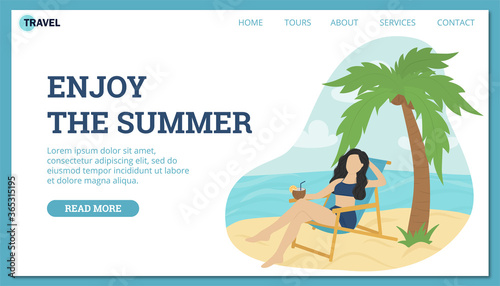 Flat design web page  of summer vacation, travel destination, nature, tourism. A girl sunbathes on a deck chair on the seashore.
Modern vector illustration concepts for websit development.