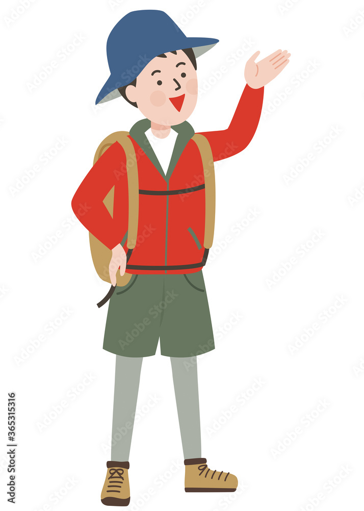 案内ポーズをするアウトドアスタイルの若い男性