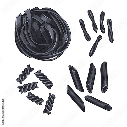 Set of different squid ink pasta types: fettuccine, casarecce, fusilli, and penne. Illustration of Italian cuisine staples. Uncooked dry black pasta isolated on white background.