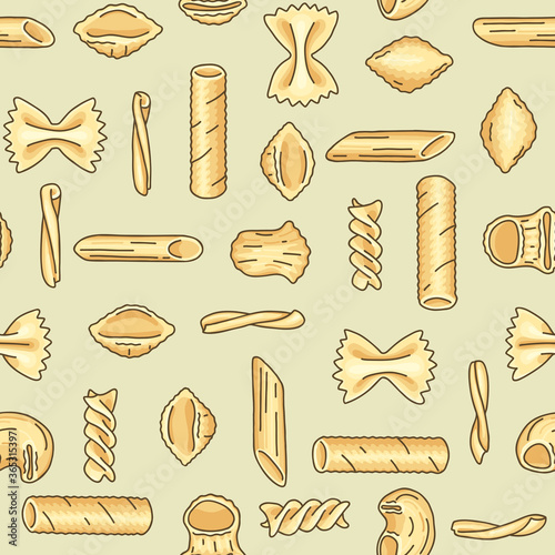 Seamless pattern with different pasta shapes and types: farfalle, casarecce, fusilli, pipe rigate, tortiglioni, conchiglie, penne. Flat vector illustration of Italian cuisine staples.