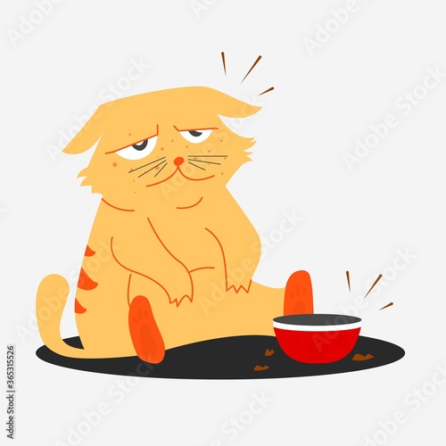 Hungry Sad Cat Sit with empty food bowl, Vector