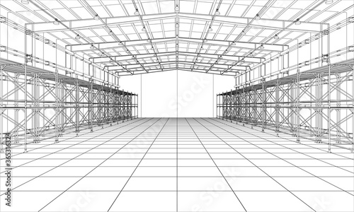 Drawing or sketch of warehouse with shelves