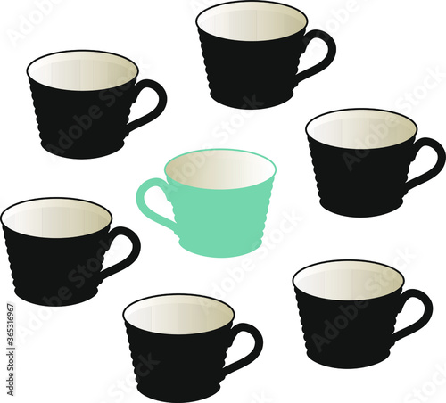 Seven cups. Six black cups are arranged in a circle. One green cup in the middle. The same as everyone else, but different. © Arctos