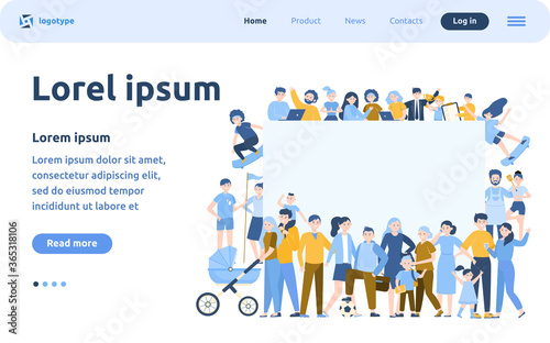 Crowd of happy people with blank placard flat vector illustration. Cartoon multicultural men and women standing together. Community, society and population concept