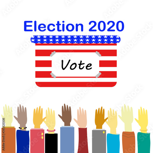 Raise your hands to vote. American flag pattern election box. Elections in America. Elections day 2020