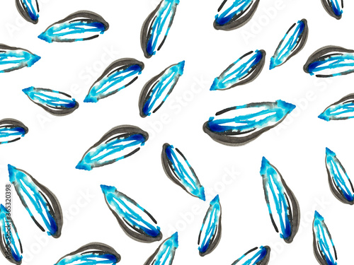 Blue Artistic Pattern. Bright Brush Print. White Acrylic Wallpaper. Black Liquid Splash. Blue Leaf Template. Black Aquarelle Image. Bright Abstract Splash. © K.Balinskaya