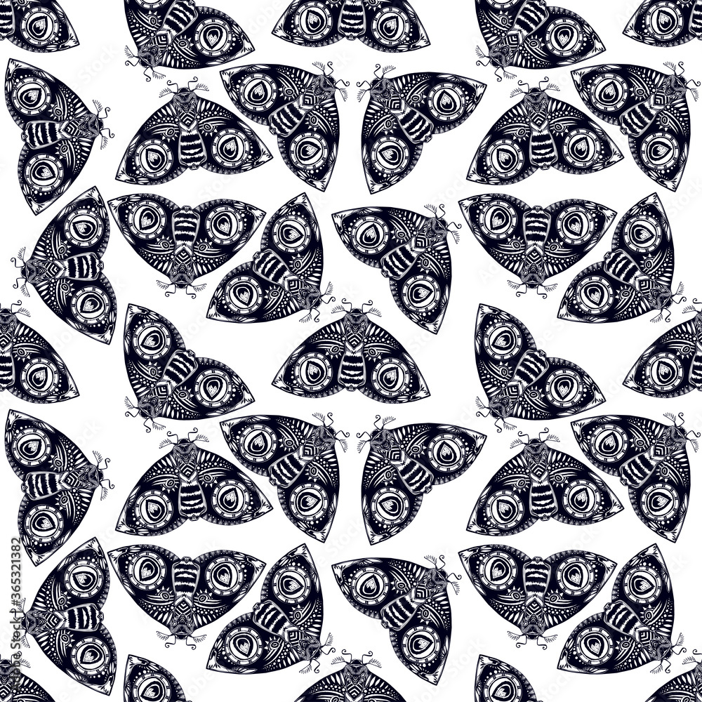 Naklejka premium Stylish moth or butterfly seamless pattern in tropical summer aesthetic, retro style background.