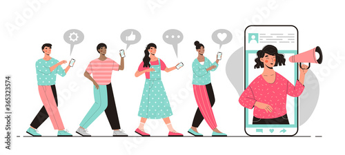 Blogger promotion concept with an announcement being made on a mobile phone over a megaphone and queue of people with chat icons, colored vector illustration